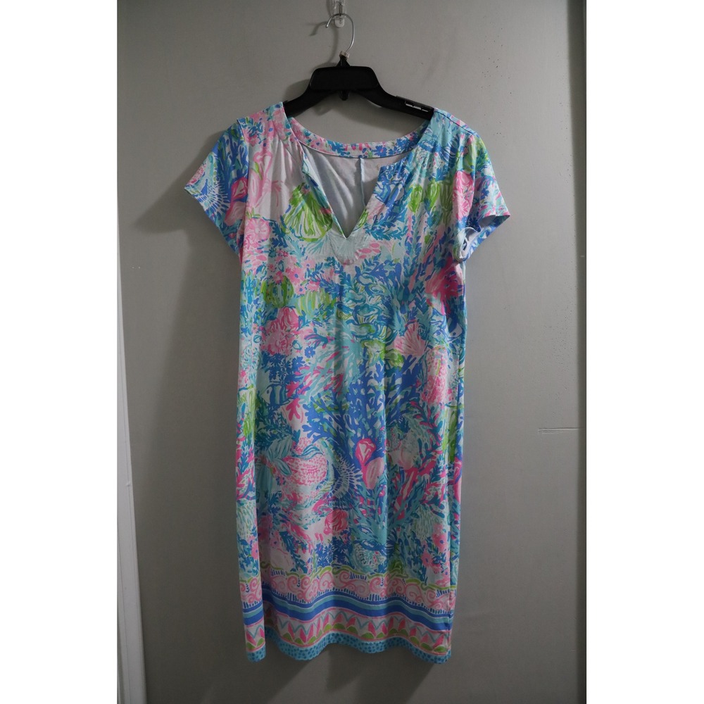 Lilly Pulitzer Kaftan Dress Coral Reef Print Blue Pink Green V‎ Neck Size M